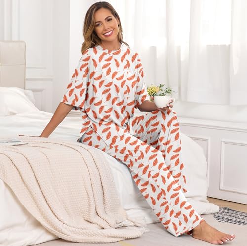 Image of PrinStory Womens Pajamas Sets 2 Piece Lounge Set Short Sleeve Tops and Long Pants Soft Pjs Loungewear with Pockets