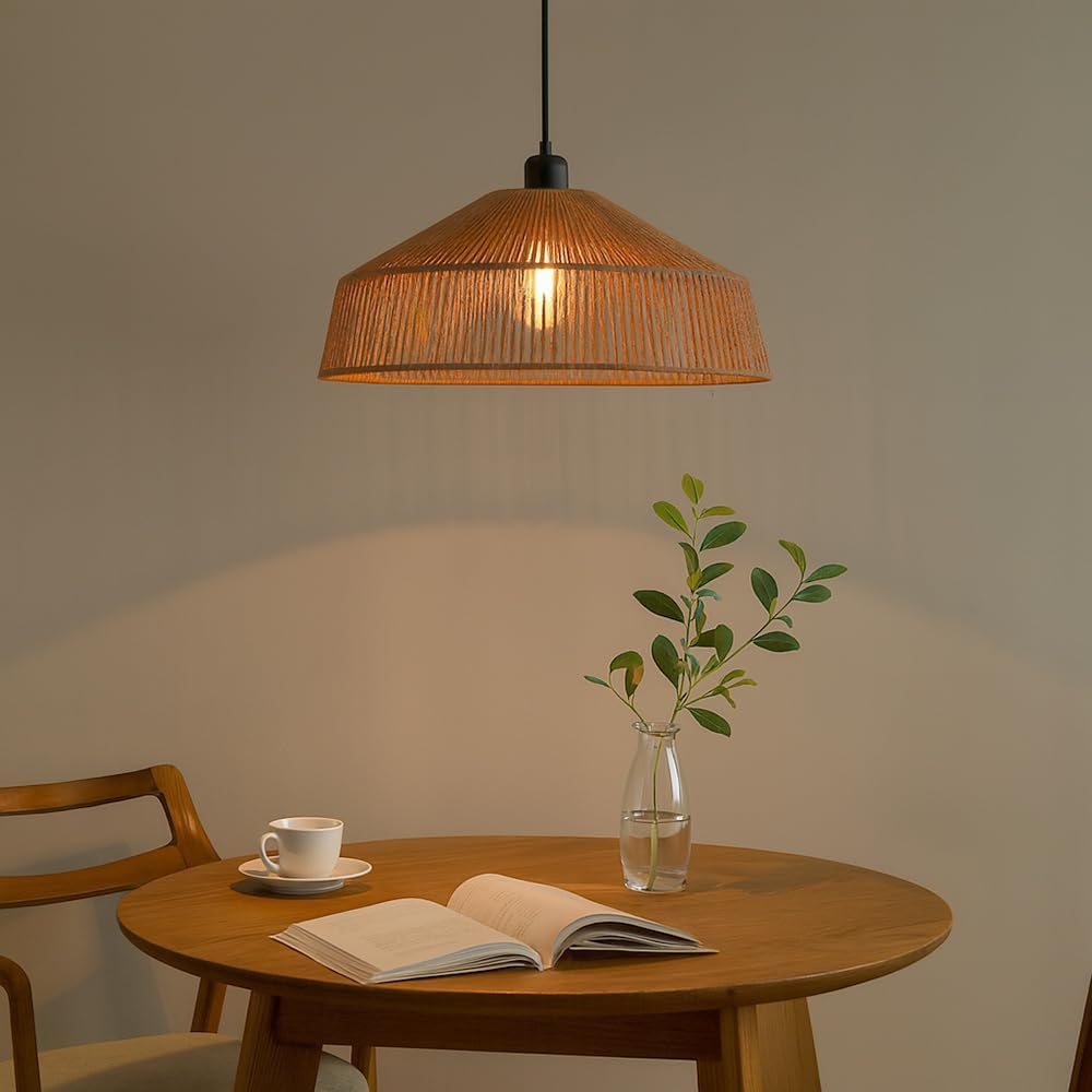 Lampadario a Sospensione in Stile Boho 40/50cm, Paralume in Rattan/Filo di Corda, Attacco E27, Altezza Regolabile, Illuminazione per Cucina Soggiorno Sala da Pranzo – Naturale LP-48 (G 50CM)