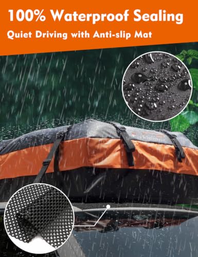 Image of FIVKLEMNZ Car Rooftop Cargo Carrier Roof Bag Waterproof for All Top of Vehicle with /Without Rack Includes Topper Anti-Slip Mat + Reinforced Straps + 6 Door Hooks + Luggage Lock