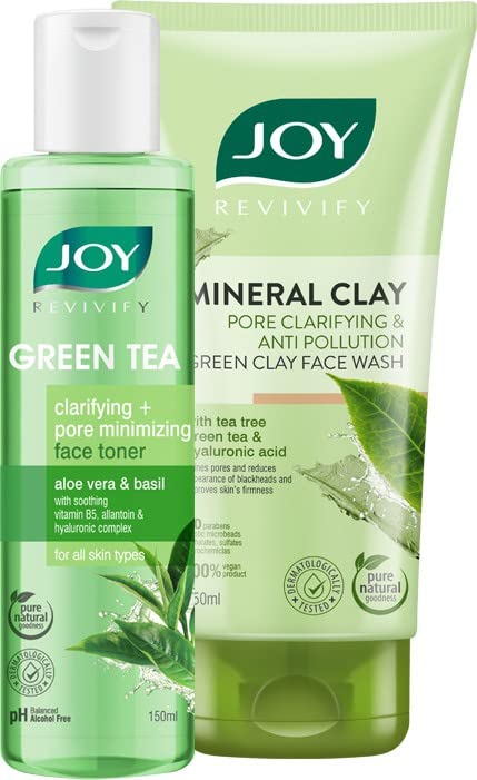 Joy Revivify Green Tea Face Toner 150ml | Revivify Mineral Clay Anti-Pollution Green Clay Face Wash 150ml (Combo Pack)