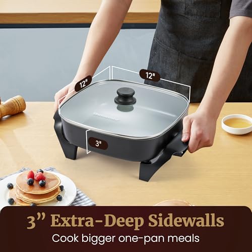 Image of Elite Gourmet 12 inch x 12 inch x 3 inch Ceralast PFAS Free Ceramic Electric Skillet, Dishwasher Safe, Xtra Deep Dish, Rapid Heat 1200W, Black