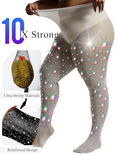 Image of HONENNA Queen Plus Size 10X Strong Rhinestone Fishnet Stockings, Ultra Sparkly High Waist Tights for Women, Party Concert