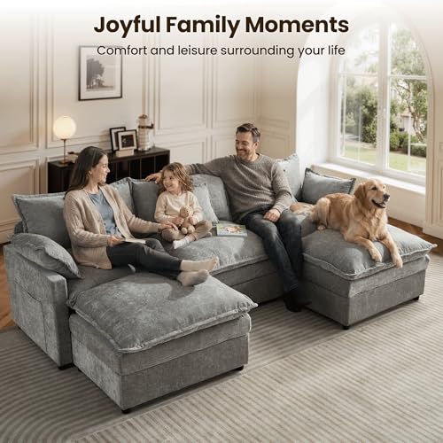 Image of ovios 108 inch Cloud Couch with Thicken Cushion, 3-Seat U-Shaped Modular Sectional Sofas with Movable Ottomans, Modern Comfy Deep Seat Chenille Couches for Living Room, Gray