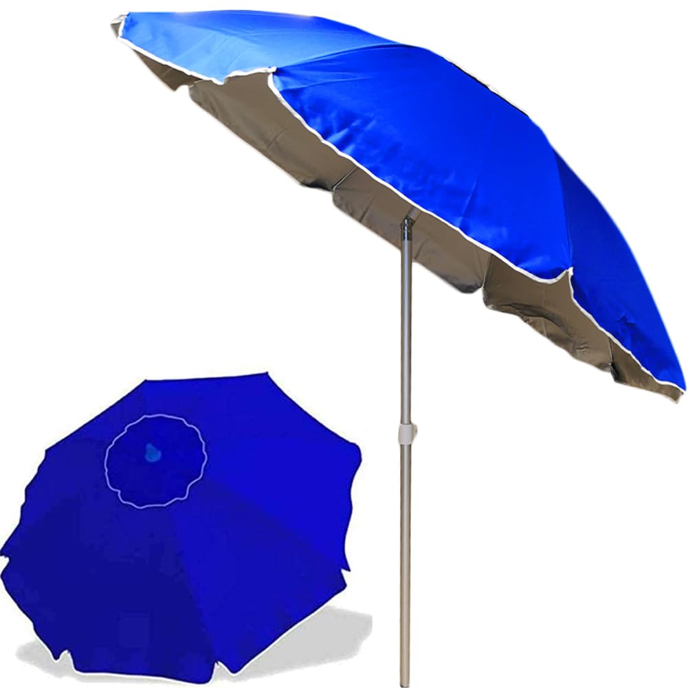 BAKAJI Parasol en aluminium de plage de mer ou de piscine, diamètre 200 cm avec articulation coupe-vent et sac en PVC pour le transport, poteau 32 mm, nouvelle couleur bleue couleur unie
