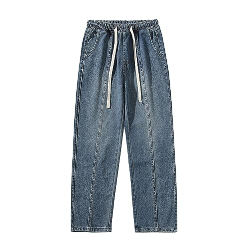 Mens Vintage High Street Jeans Distressed Elastic Drawstring Wide Leg Pants Straight Baggy Jeans Trousers (3X-Large,Blue 2)