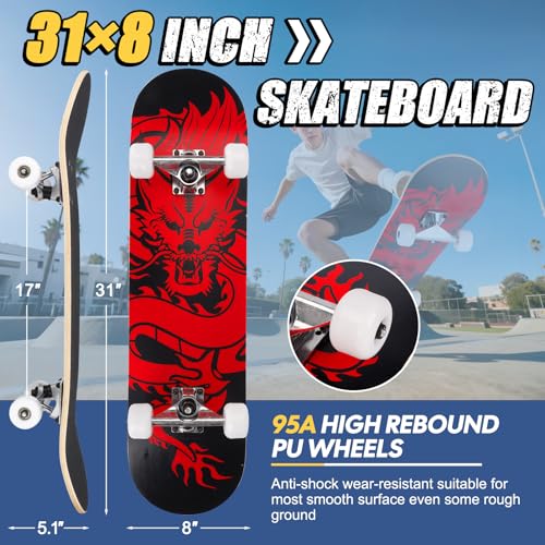 Image of Skateboards for Beginners Adults Youths Teens Kids Girls Boys 31 Inch Pro Complete Skate Boards 7 Layer Canadian Maple Double Kick Concave Longboards