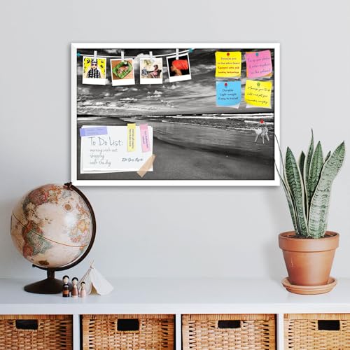 Image of ArtzFolio Sea, Air, & Land Monochrome Contrast | Bulletin Board Notice Pin Board | Vision Soft Board Combo with Thumb Push Pins & Sticky Notes | White Frame | 36 x 24 inch (91 x 61 cms)