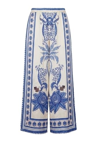 Image of Yumi Blue Satin Print Placement Relaxed Trousers (UK, Alpha, S, Regular, Regular, Blue)