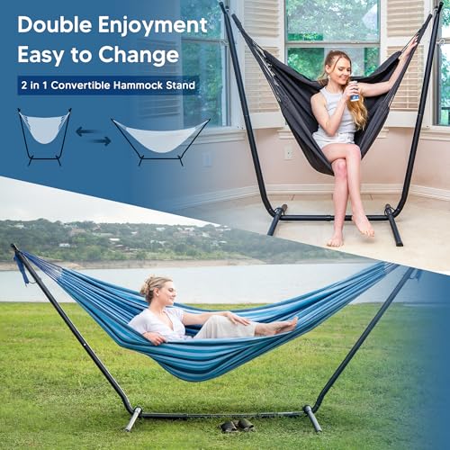 Image of SUNCREAT 2-in-1 Convertible Backyard Fabric Hammock with Stand, Blue Stripe