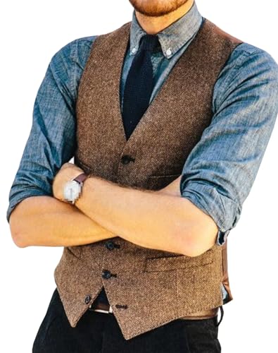 Men Slim Fit Formal Wool Tweed Herringbone V Neck Business Waistcoat For Wedding Groomsmen Men Vest 5