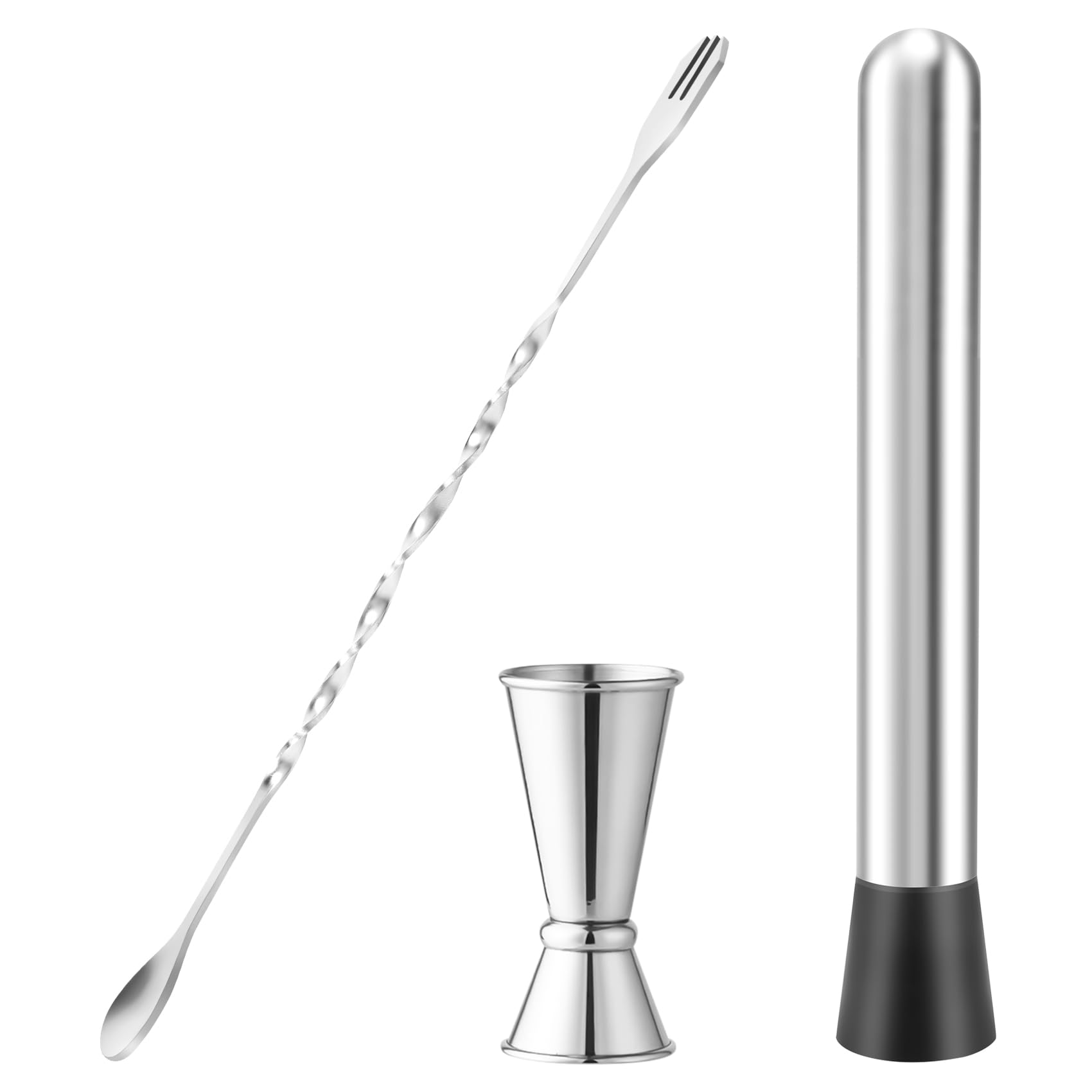 Pasuihcay Stainless Steel Muddler for Cocktails,Mixing Spoon and Measuring Jigger,Professional Bar Tools,8-Inch Bar Muddler, Silver
