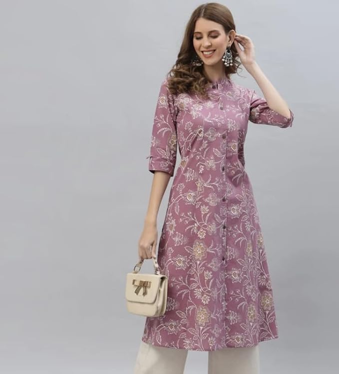 Image of Women's Mauve Floral Printed Straight Kurta with Mandarin Collar (Only Kurta)