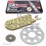 Kettensatz Inhalt: RK GB530ZXW offene XW-Ring-Kette in GOLDFARBEN mit Hohlnietschloss und 112 Rollen, Ritzel mit 17 Zähne und Kettenrad mit 43 Zähne.