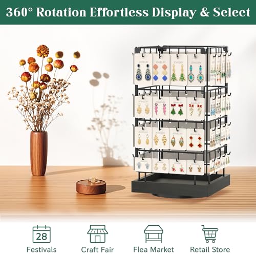 Image of EsLuker.ly Rotating Earring Display Holder Stand for Vendors Events Selling, Large Capacity 64 Hooks Jewelry Rack with Wooden Base for Earring Card Sales, Enhances Retail Visibility