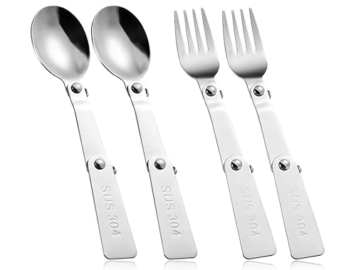 4 PCS Foldable Fork and Spoon Set,Tableware for Outdoors Travel Camping Replacement Utensils,Stainless Steel Folding Spoon and Fork,Camping Spoon Compatible with Thermos Funtainer 16oz Food Jar
