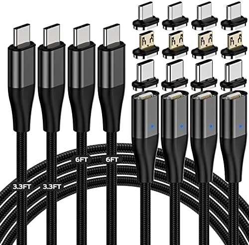 YKZ 3 in 1 Magnetic C to C Cable 4 Pack, Magnet Type C to Type C Charging Cable, [3.3FT+6.0FT] PD 60W Fast Charger Nylon Braided Cord for Type C/MicroUSB and i-Product
