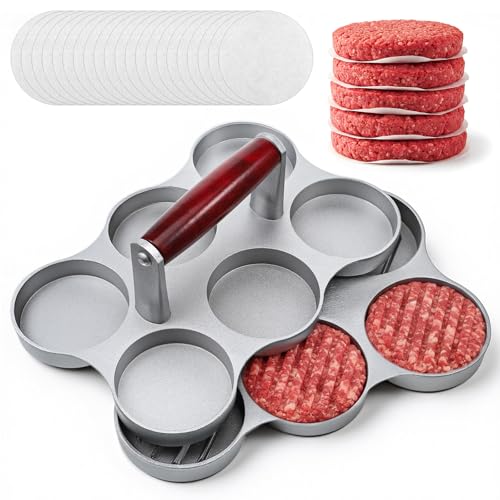 AOZUO Mini Burger Press Small Meat Patty Maker with 300 Patty Papers and 6 Round Shape Press Patty Maker for Mini Hamburger Barbecue Picnic Camping Six 2.64-inch Slots 6 Pieces at Once