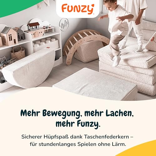 Funzy Hüpfpolster für Kinder – Hüpfmatratze mit Taschenfederkern, Sicherer & leiser Hüpfspaß, Cord-Bezug, Waschbar & Schadstofffrei, Für Motorik und Bewegung, Cord Koala Grau, 85x65x21 cm