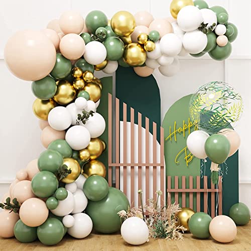 Grün Ballon Girlande Set, 158 Stück Grün Beige Nude Gold Luftballon Girlande, Olive Grün Ballons for Geburtstag Party, Baby Shower Deko, Hochzeit, Baby party, Dschungel Safari Party Dekoration Cover