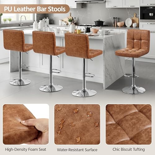 Image of Yaheetech Bar Stools Set of 2, PU Leather Swivel Barstools, Height Adjustable Counter Chairs, Modern Stools with Back for Bar Kitchen Island Dining Room, Retro Brown