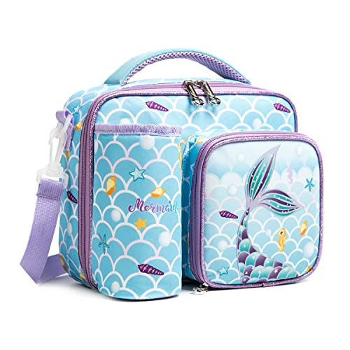 Wenlia Bolsa de almuerzo con fiambrera de botella, Unicornio Lonchera para niños Bolsa para El fiambrera aislada mochila escolar, fiambrera de Dinosaurio , para niños pequeños Porta Alimentos (Sirena) Cover