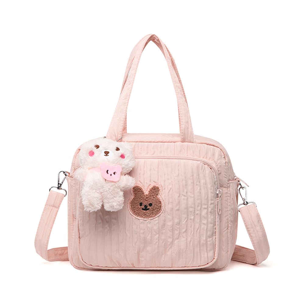 Cute Mommy Diaper Tote Bag for Prams with Pendant, Multifunctional Nappy Changing Bag with Adjustable Strap for Weekend Travel & Maternity Needs (Pink)