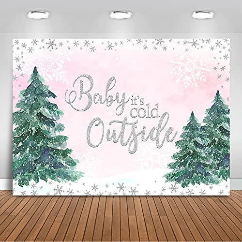 Mocsicka Baby It's Cold Outside Backdrop Winter Pink Silver Snowflakes Girl Baby Shower Background Watercolor Pine Tree Baby Shower Party Decoration Banner Photo Booth Props (7x5ft)