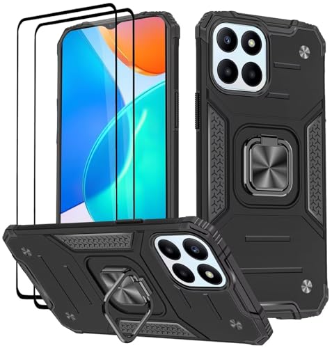 KANSi Hülle für Honor 70 Lite/Honor X6 / Honor X8 5G, Schutzfolie [2 Stück] Silikon TPU Hart PC Handy Hüllen 360 Grad Drehbar Ringhalter Bumper Stoßdämpfung Schutzhülle - Schwarz