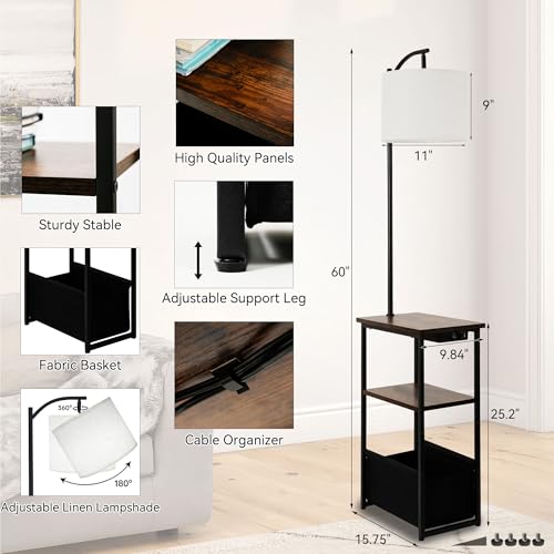 Image of Qupui Floor Lamp with Table, USB Charging, Fabric Basket, Brown