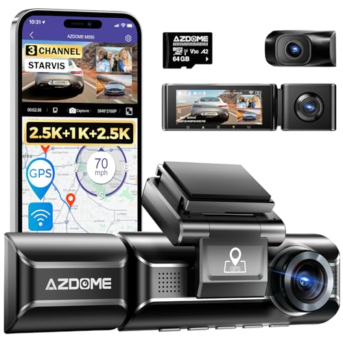AZDOME Caméra de Voiture Triple 2.5K+1080P+2.5K, GPS, WiFi, Surveillance de Parking, Night Vision, G-Capteur, WDR, Détection De Mouvement, G‑Sensor, Enregistrement en Boucle, Carte SD(M550)