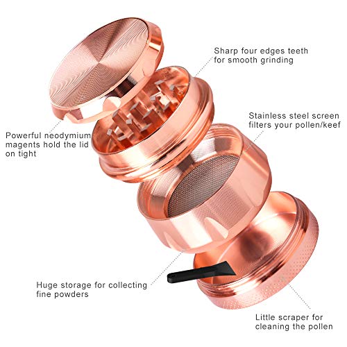 iRainy G2 Pro 2.3 Inch Spice Herb Grinder 4 Pieces with Pollen Catcher (Rose Gold) - Thumbnail 5