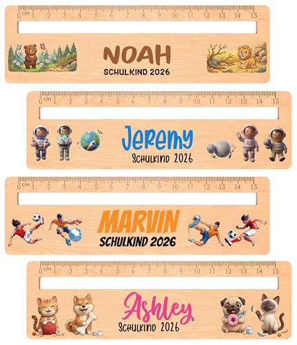 Meinearmbänder Personalisiertes 2-in-1 Holzlineal 15 cm mit Lesehilfe und Namen Leselineal für Grundschule 2026 Einschulung & Back to School Geschenk für Jungen und Mädchen (Buntes Motiv)