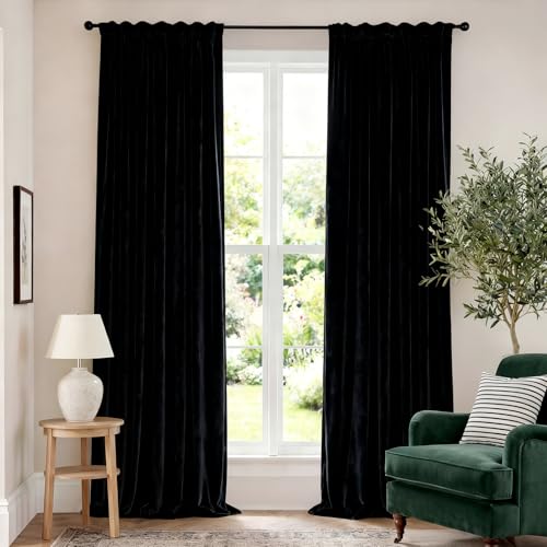 Image of Extra Long Black Velvet Curtains Rod Pocket 62x108 Inch 2 Panels | Soft Velvet, For Tall Windows & High Ceilings, Light Shifting Texture, Elegant Drape, Classic, Rod Pocket