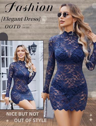 Image of Avidlove Women's Long Sleeve Lace Cocktail Dress Sexy Transparent Lingerie Mini Babydoll Dresses for Party (no lining)