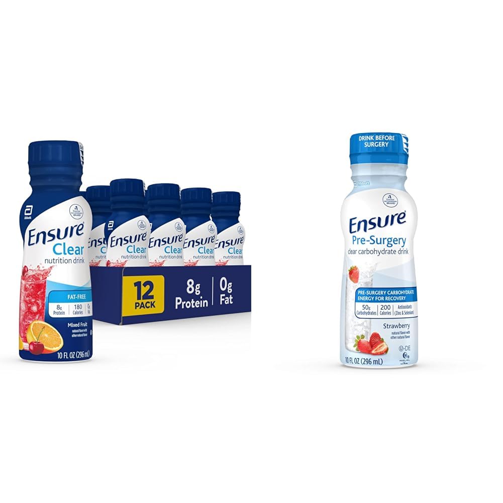 Ensure Clear Nutrition Liquid Drink, 0g fat, 8g of protein, Mixed Fruit, 10 Fl Oz (Pack of 12) & Ensure Pre-Surgery, Clear Carbohydrate Drink, Strawberry, 10 Fl Oz (Pack of 4)
