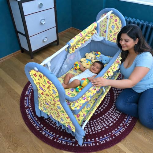 Image of Kiddery Apollo Baby Cradle (Yellow) | Newborn to 12 Months | Premium Swing Cradle with Mosquito Net, Wheels & Lock | Strong Metal Frame | Comfortable Sleeping Jhula