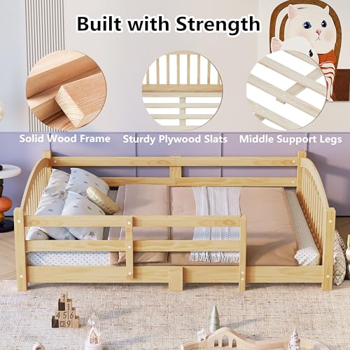 Image of Bellemave Twin Size Kids Montessori Floor Bed,Twin Size Floor Bed Frame with Slats and Safety Guardrail,Solid Wood Montessori Bed for Girls Boys,Natural
