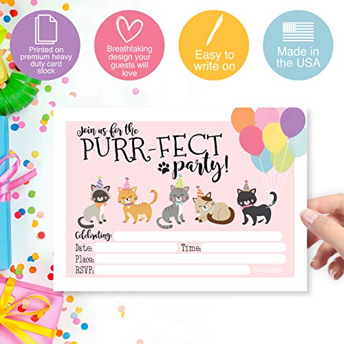 Image of Hadley Designs Kids Birthday Invitations Girl Cats Theme - 25 Cat Birthday Party Invitations For Girls, Purr-fect Invites For Girls, Cute Cats Party Supplies, Made in USA