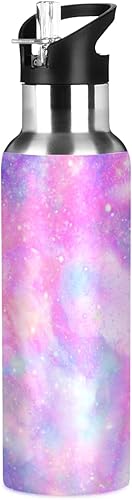 Botella de agua de teñido anudado de mármol morado con diseño de galaxia para niños, con tapa con pajilla, termo de acero inoxidable aislado a