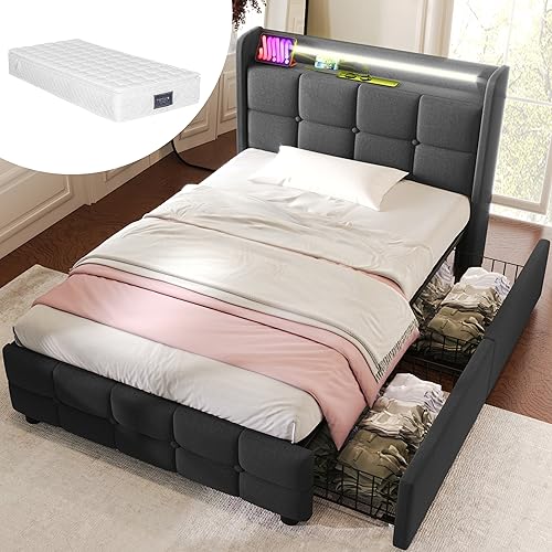 Arhatreya Cama tapizada de 90 x 200 cm, cama individual con función de carga USB, cama de almacenamiento con 2 cajones, estructura de cama con somier, cama con LED para adolescentes y adultos (con