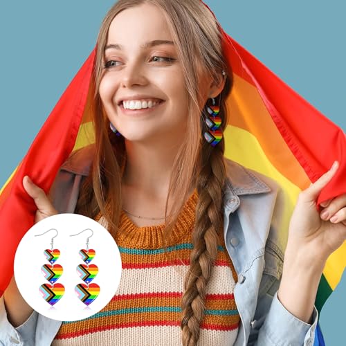 Kireida Boucles D'Oreilles Pride Arc-En-Ciel LGBTQ Pour Femmes Boucles Pendantes Avec Triple Cœur D'Amour Bijoux Suspendus Homosexuel Lesbienne Bisexuel Transgenre Access – vue 3