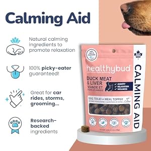 healthybud Calming Aid Supplement, Natural Duck Dog Treats & Toppers for Stress Relief - Dog Separation Anxiety, Stress Reduction, Aggression Relief - Support Calm, Immunity Health (14.1 Ounces) healthybud Calming Aid Supplement, Natural Duck Dog Treats & Toppers for Stress Relief โ Dog Separation Anxiety, Stress Reduction, Aggression Relief โ Support Calm, Immunity Health (14.1 Ounces)