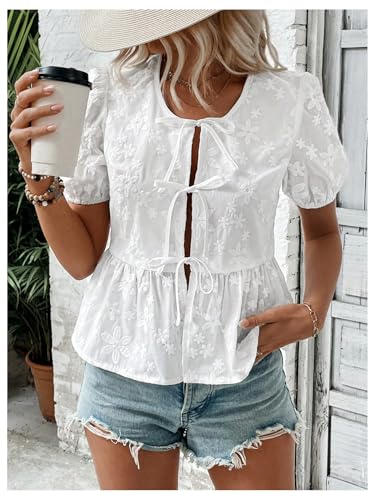SweatyRocks Women's Tie Front Blouses Ruffle Crewneck Short Puff Sleeve Shirts Tops4