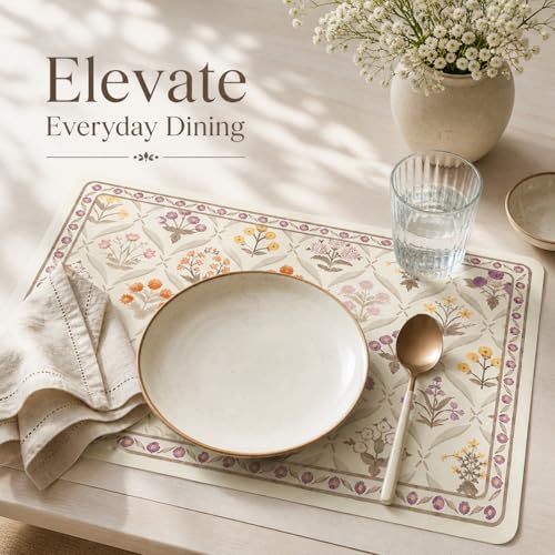 Image of YELONA Leather Dining Table Placemats Set of 2 - Waterproof, Heat Resistant, Anti-Slip, Easy to Clean Table Mats for Dining Table, Kitchen & Home Decor (Pale Beige, 40 x 30 cm)
