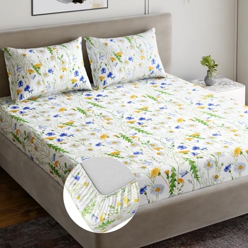 Image of Dreamscape 100% Cotton Fitted Bedsheet for King Bed, 186 TC, 1 Fitted Bed Sheet (Size 72 x 78 inches) with 2 Pillow Covers - Blue