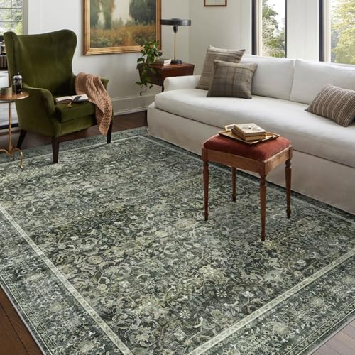 Nuomeijia Vintage Traditional Area Rug - Green 8x10 Large Washable Bedroom Rug Non Slip Ultra-Thin Stain Resistant Oriental Carpet Retro Accent Throw Rugs for Living Room Dining Room Rugs Under Table