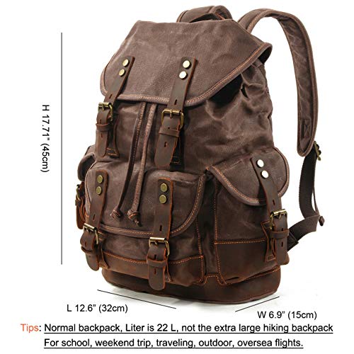 WUDON Men Travel Backpack, Genuine Leather-Waxed Canvas Shoulder Hiking Rucksack2