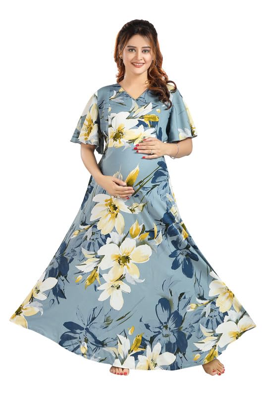 Image of CLOUD SOFT Women's Rayon Cotton Floral Printed Maternity Feeding Gown | Full-Length Nursing Nighty with Zipper | Pre & Post Pregnancy Dress (CS11004-5 MT All)