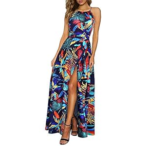 KILIG Women’s Summer Casual Sleeveless Halter Neck Floral Print Beach Party Split Maxi Long Dress Sundress with Pockets