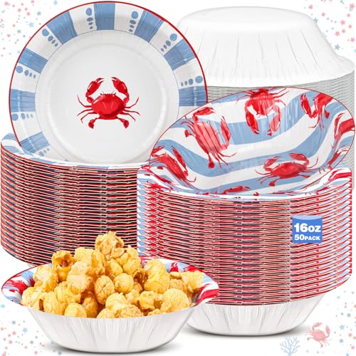 50 Pcs 16 oz Summer Crab Disposable Paper Bowls Red Blue Striped 2 Styles